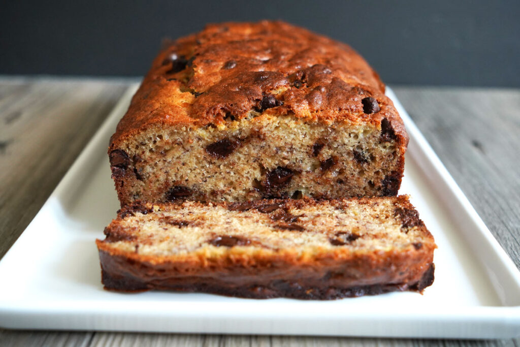 View of sliced chocolate chip banana bread loaf