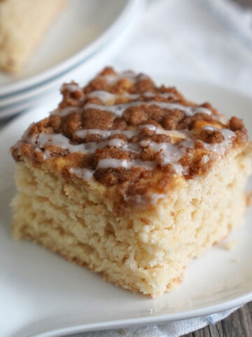 Slice of pancake mix coffee cake on white plate