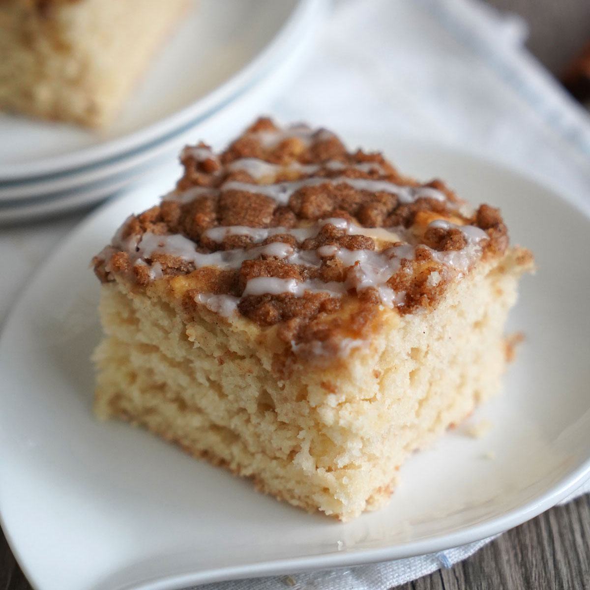 Slice of pancake mix coffee cake on white plate