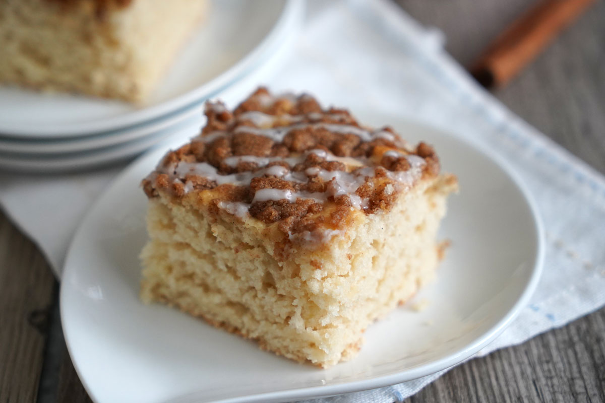 Pancake mix coffee cake slice in a white plate