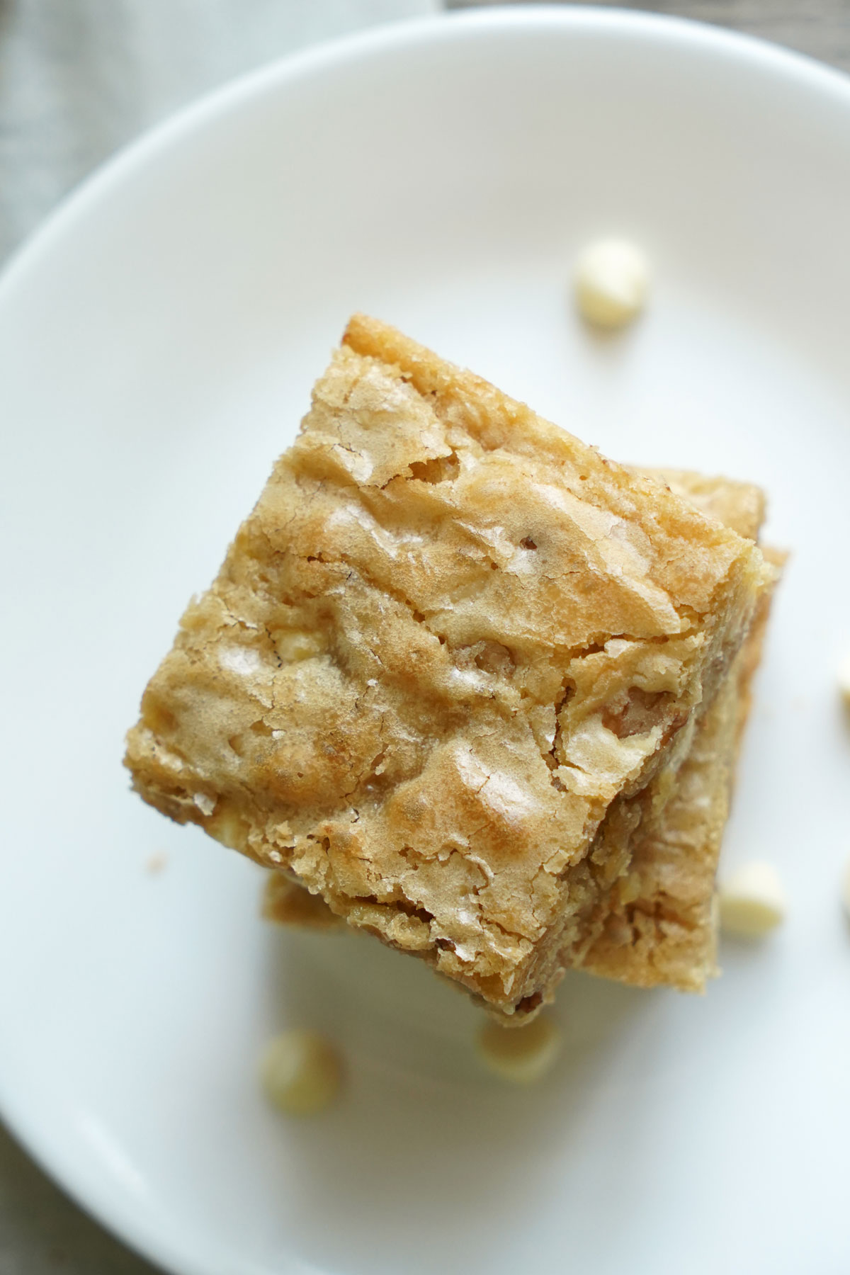 White Chocolate Blondie top view to show the crinkly tops.