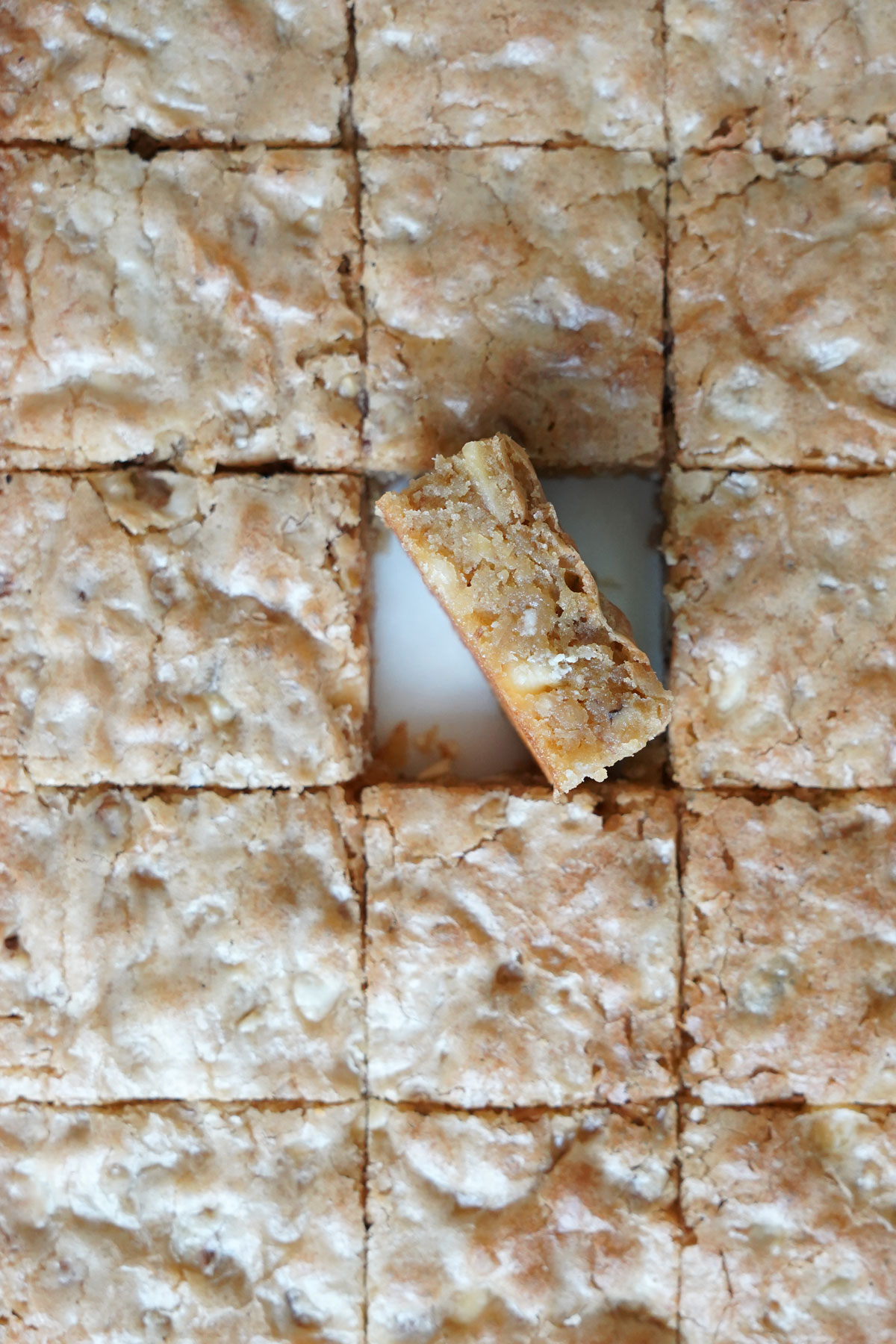 Cut white chocolate blondie bars.