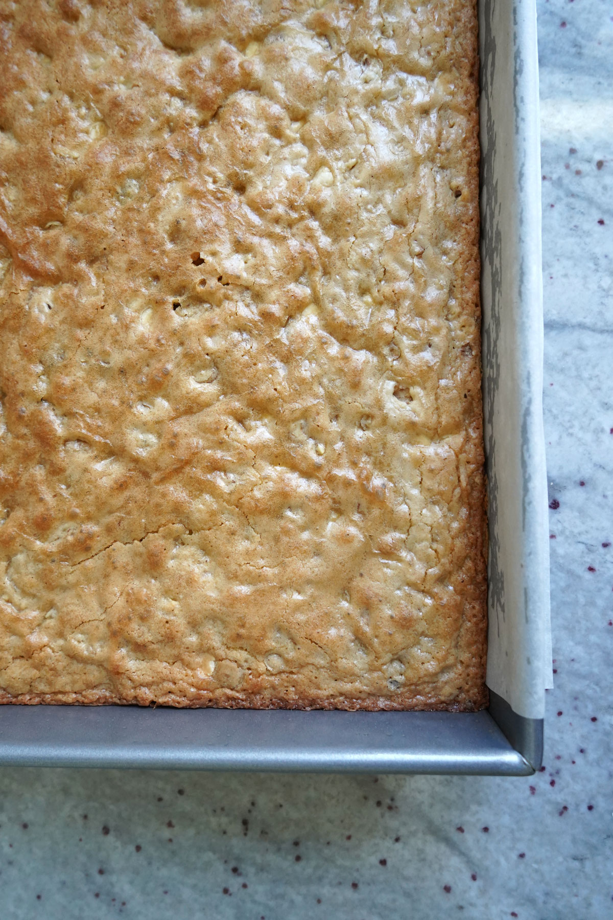 White Chocolate Blondies cooling in baking pan. Top view.