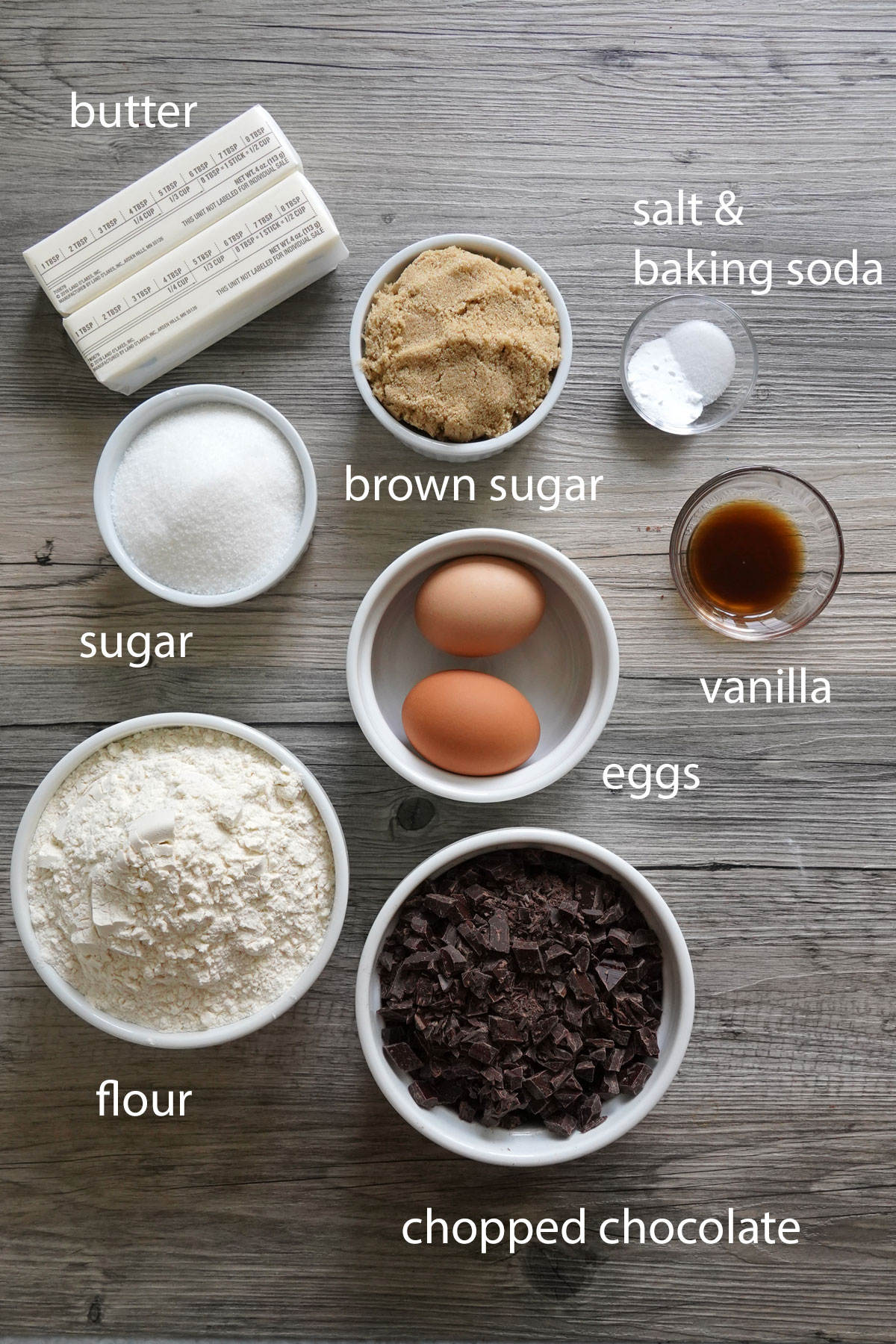 Birds eye view of ingredients used in making brown butter chocolate chunk cookies.