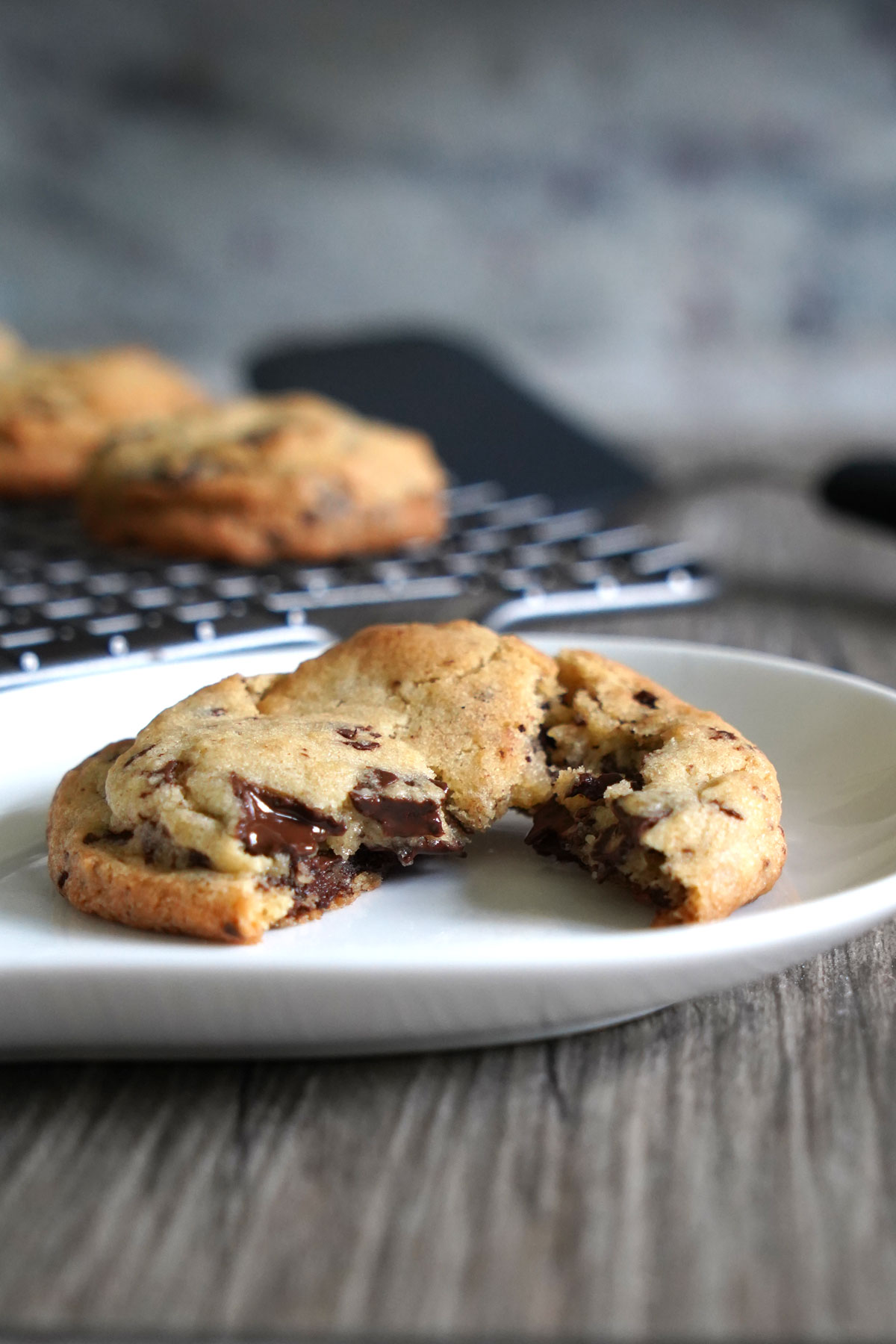 Broken cookie in a white plate showing puddles of melted chocolate.