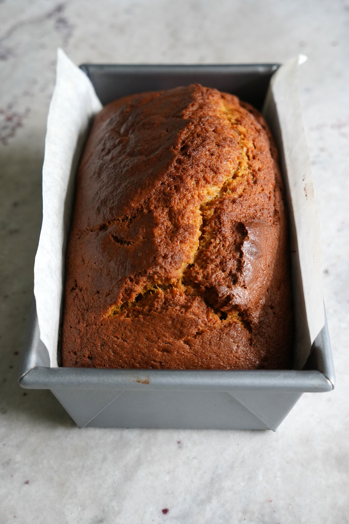 Baked pumpkin bread cooling in pan.