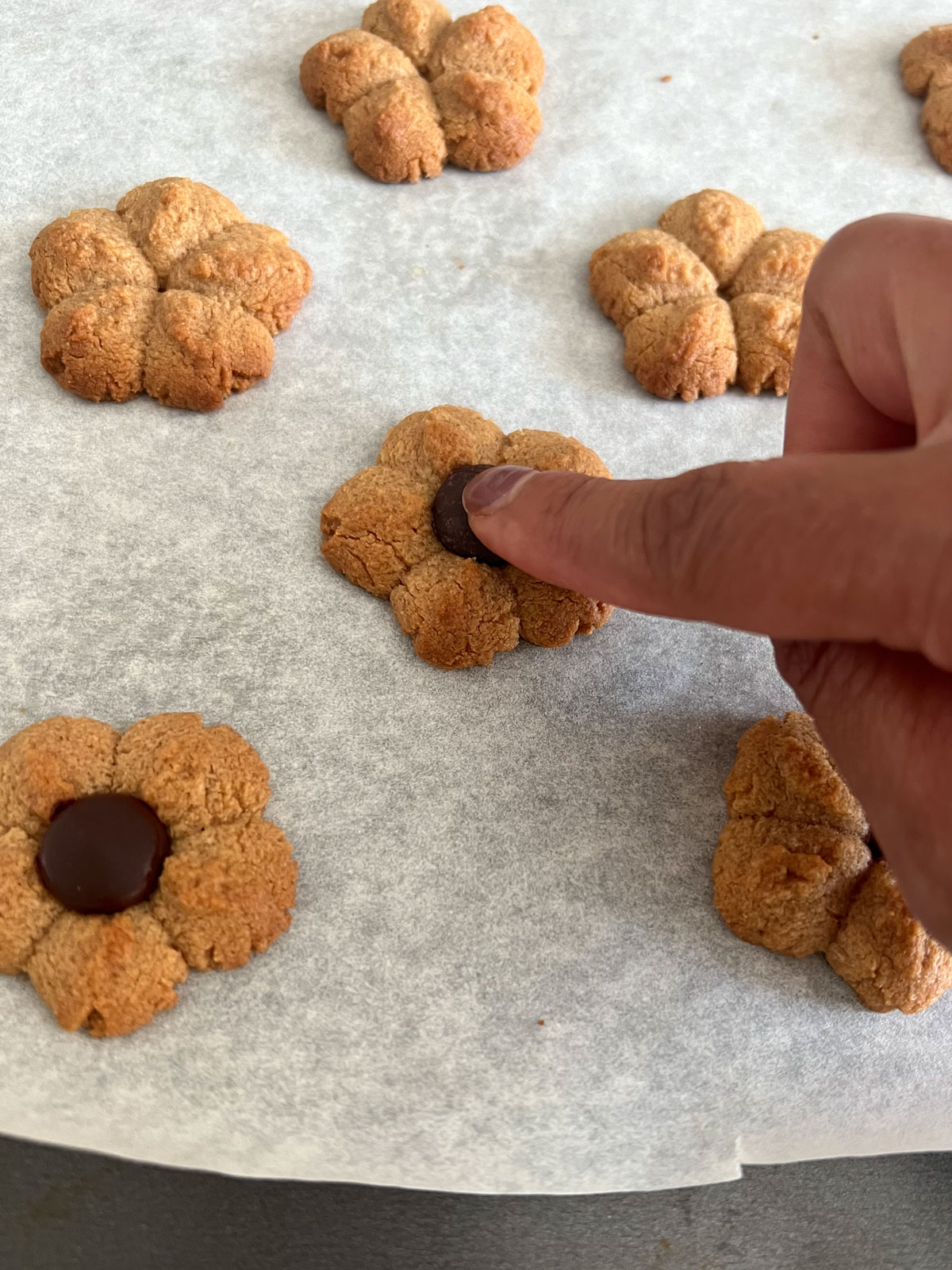 Chocolate baking chip being added to center of baked flower shaped peanut butter cookie.