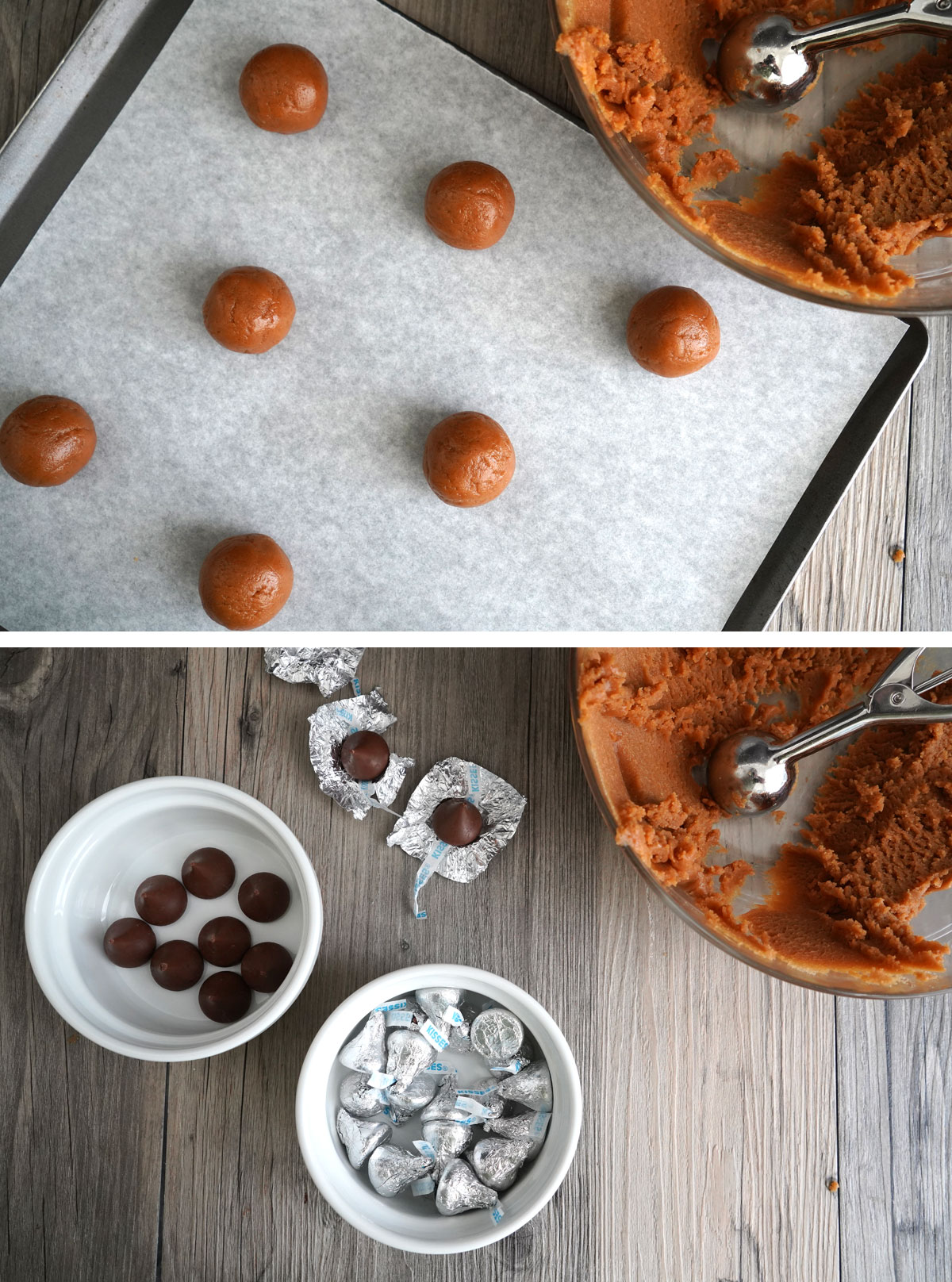 Peanut butter cookie dough balls on baking sheet. Chocolate kisses being unwrapped.