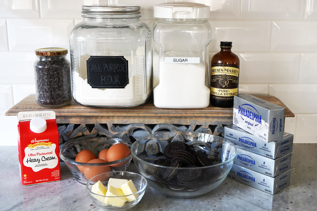 Ingredients needed for chocolate chip cheesecake.