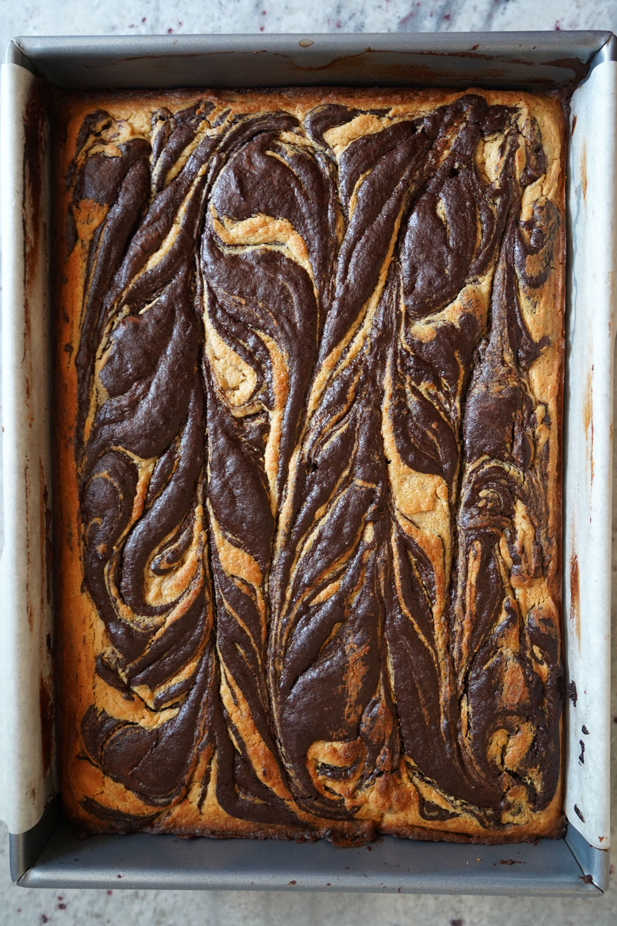 Baked pretzel crust peanut butter cheesecake brownie cooling in pan.