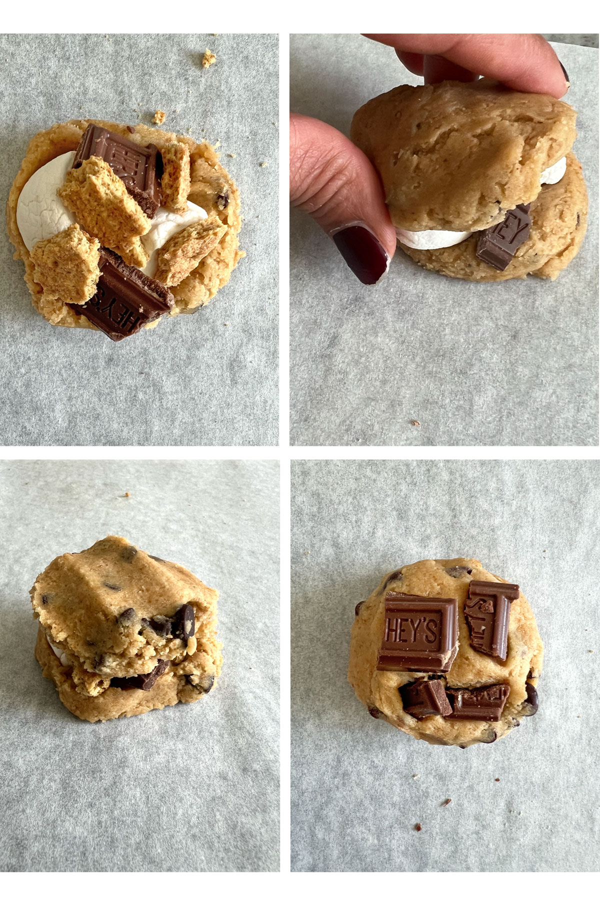 Four step by step photos showing how to stuff a s'mores cookie.