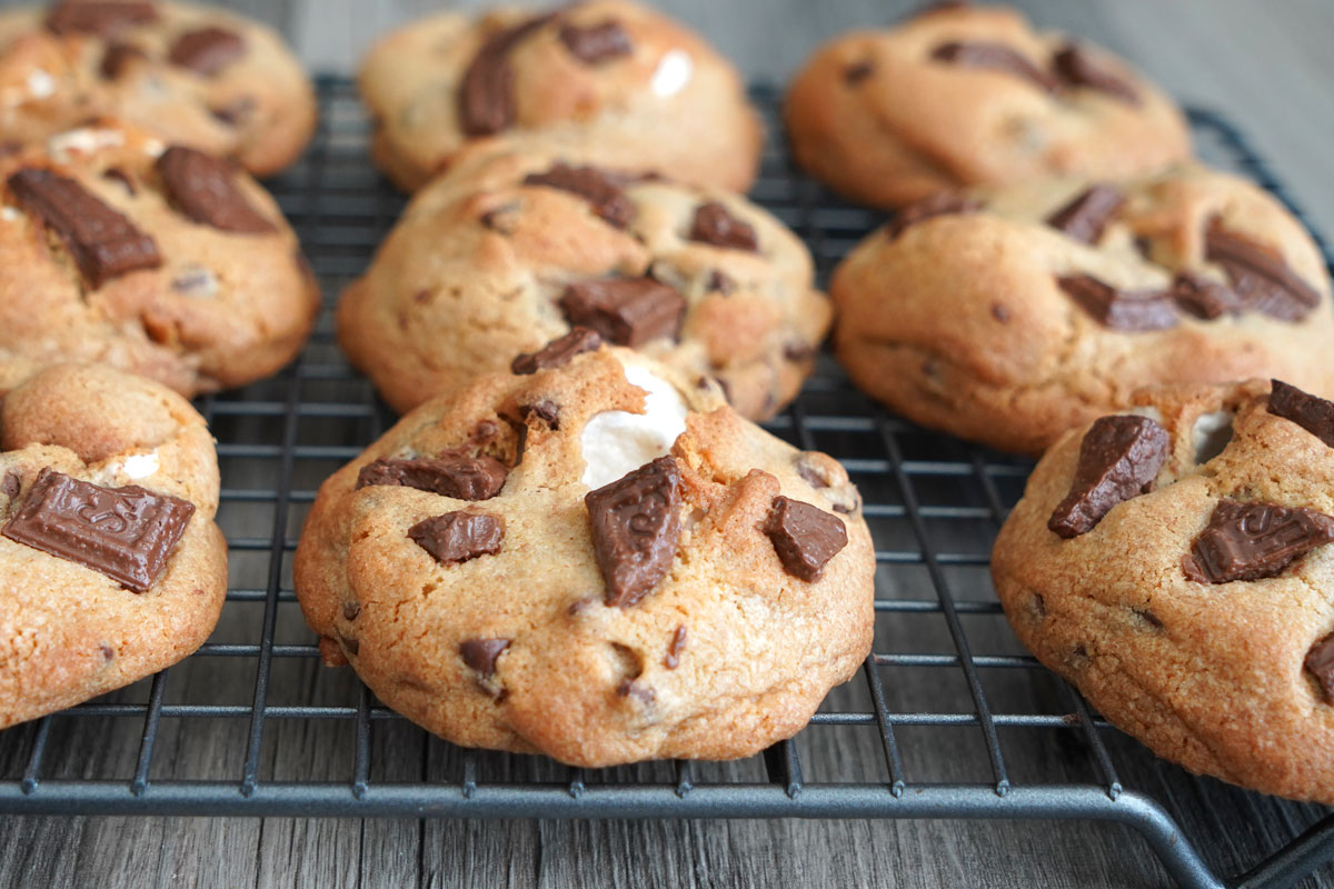 Smores cookies cooling on rack.