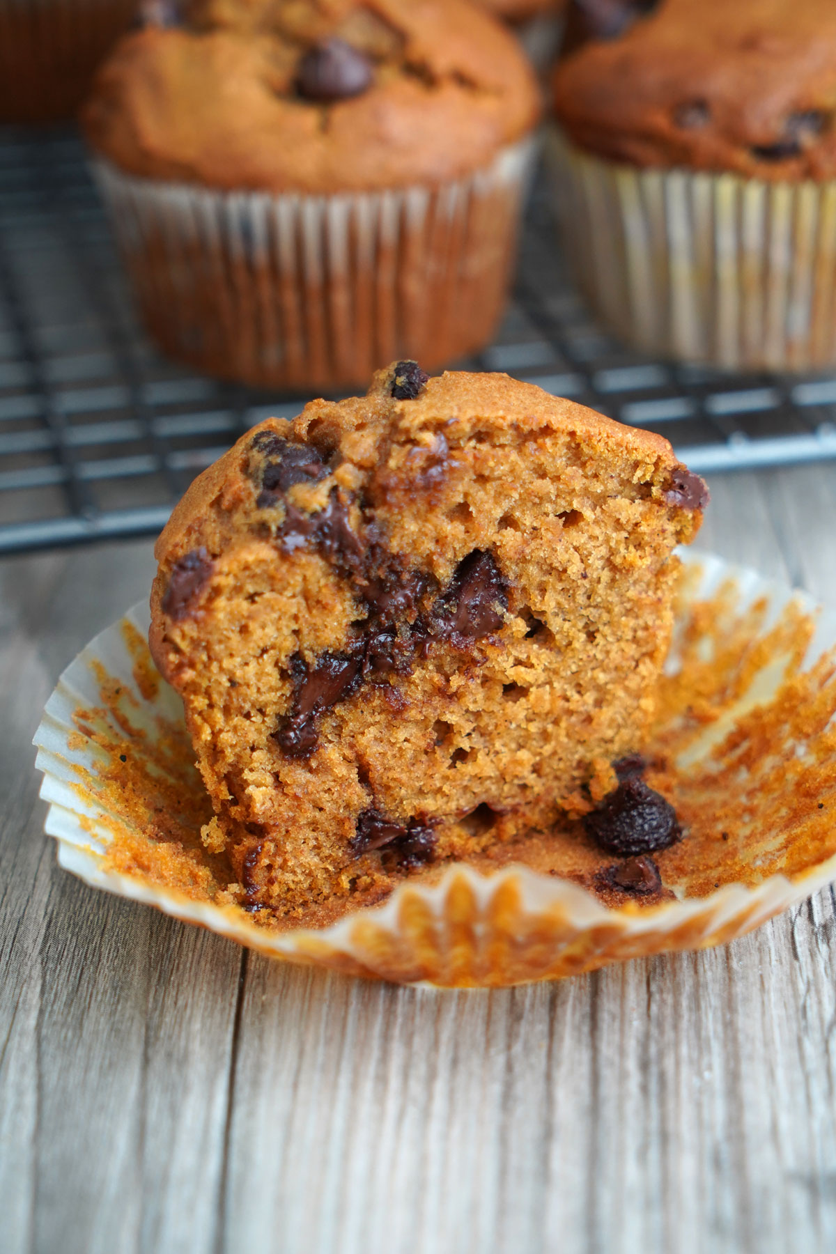 Close up view of inside of pumpkin muffin.