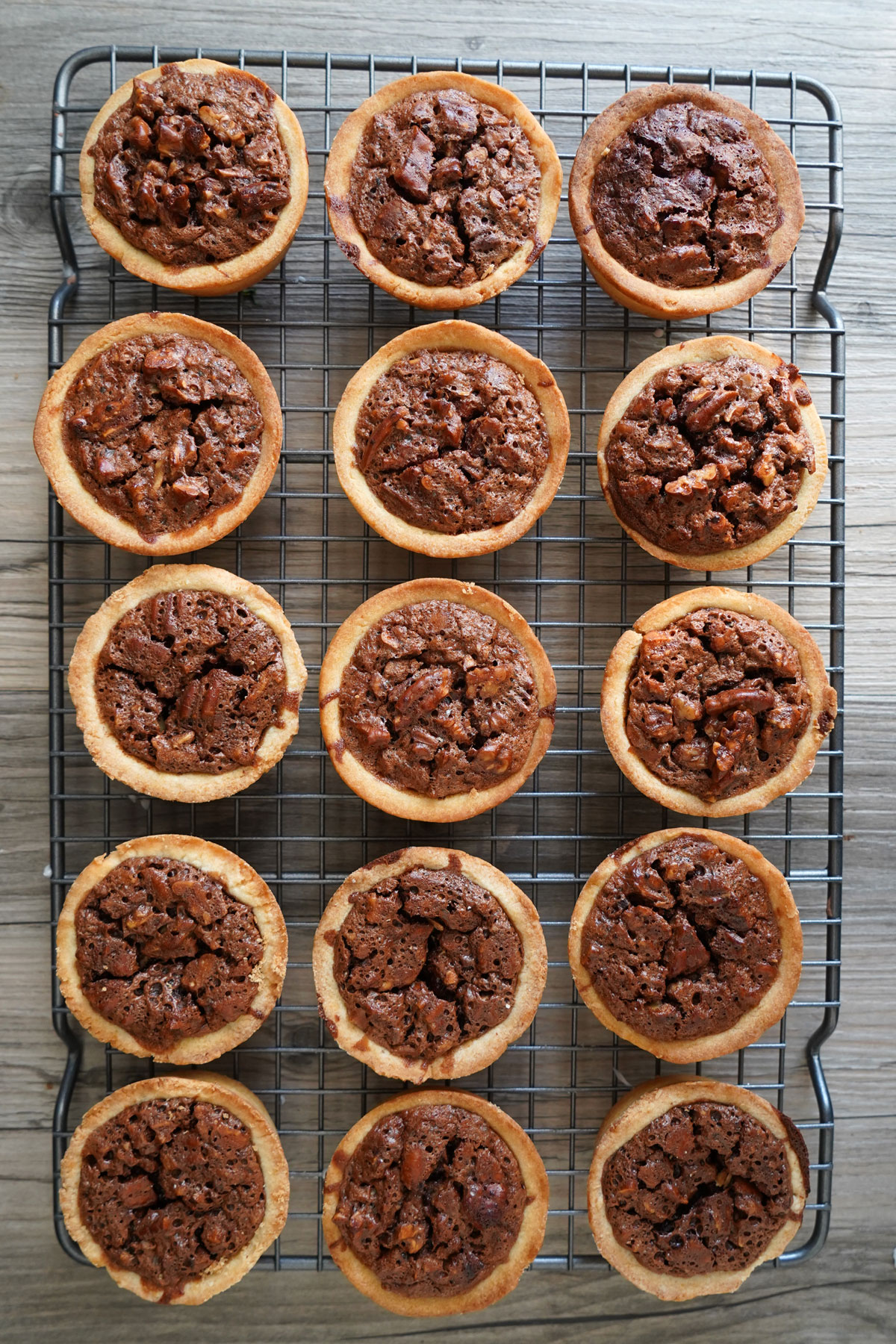 Pecan pies cooling on rack. Top view.