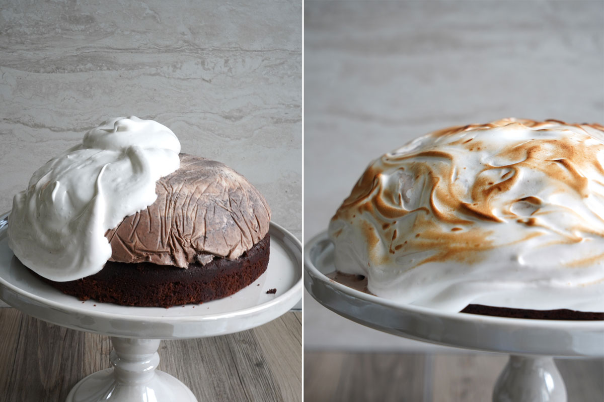 Side by side photos of meringue being put on cake and torched meringue top.