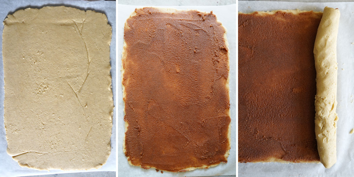 Three step photo showing how to roll out dough and layer the filling.