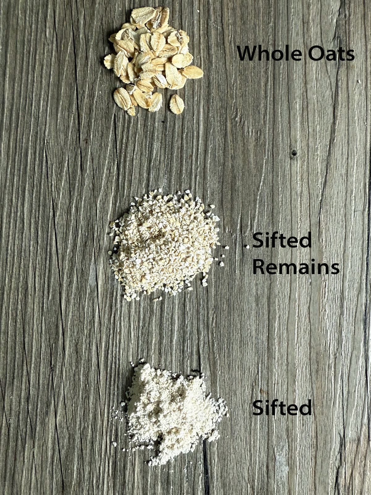 Side-by-side whole oats, finely ground oat flour and leftover coarse oat pieces after sifting.