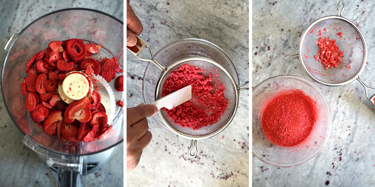 A collage showing three steps to crushing freeze dried strawberries: berries in food processor, being sifted and remains of unsifted pieces.