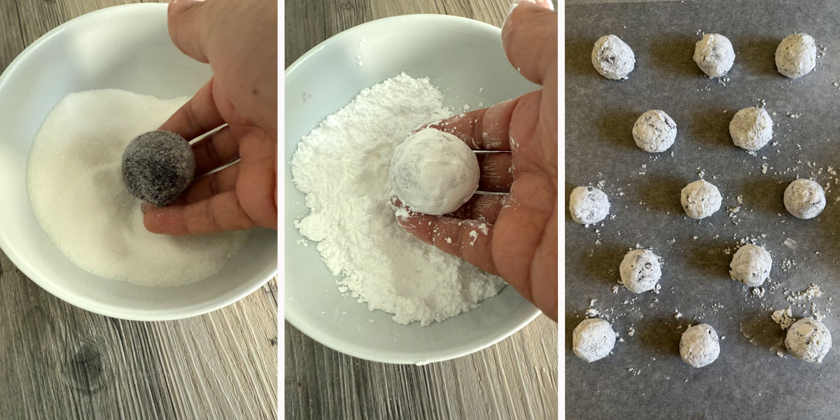Triple photo showing steps of rolling dough in sugar then powdered sugar and staggering on cookie sheet.