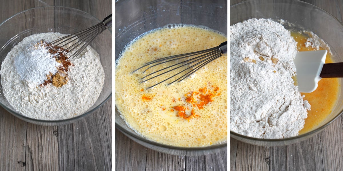 Triple photo showing steps of making a quick bread: dry ingredient mix, wet ingredient mix, and mixng the two together.
