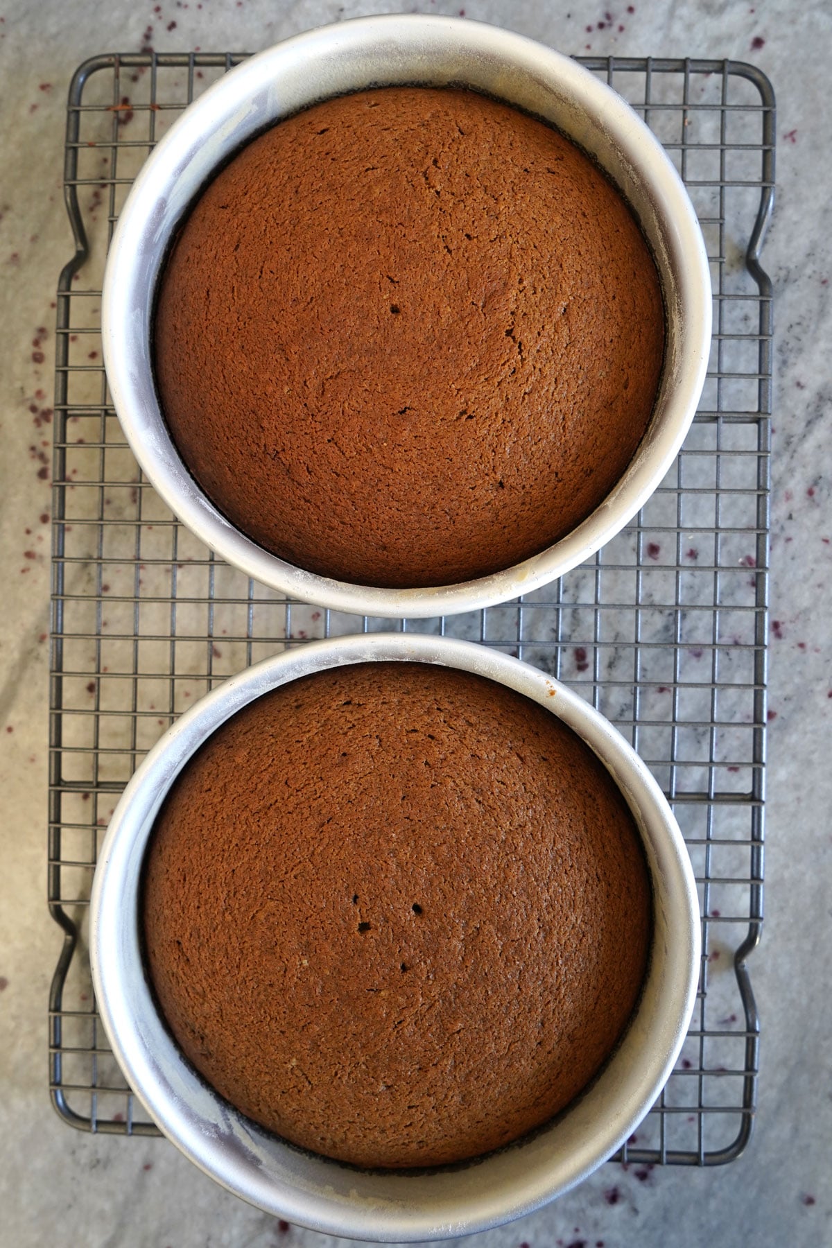 Baked layers of gingerbread spice cake cooling on rack.