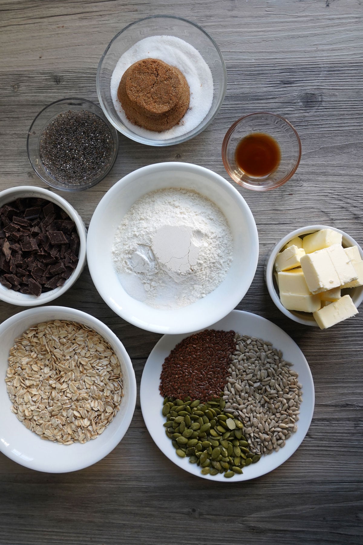 Ingredients for making seeded oat chocolate chunk cookies.