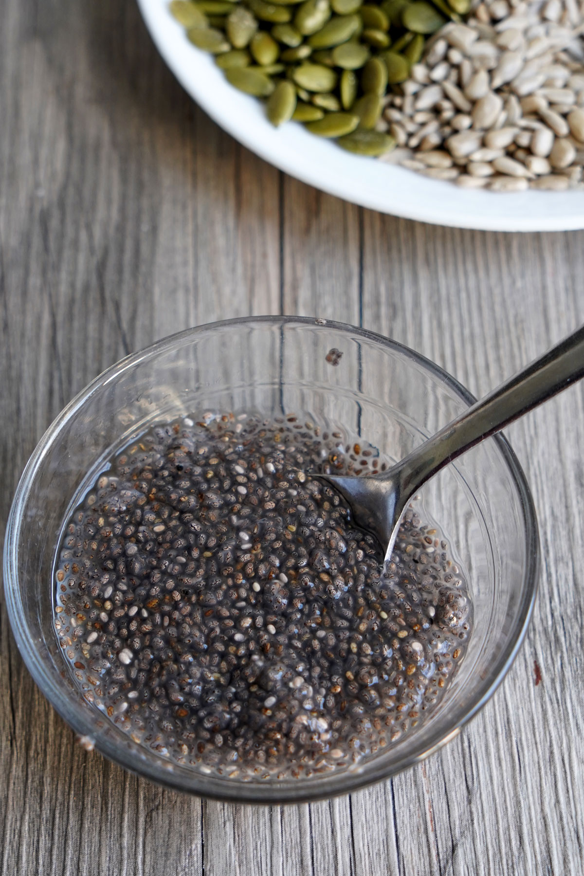 Chia seeds mixed with water to form a chia "egg"