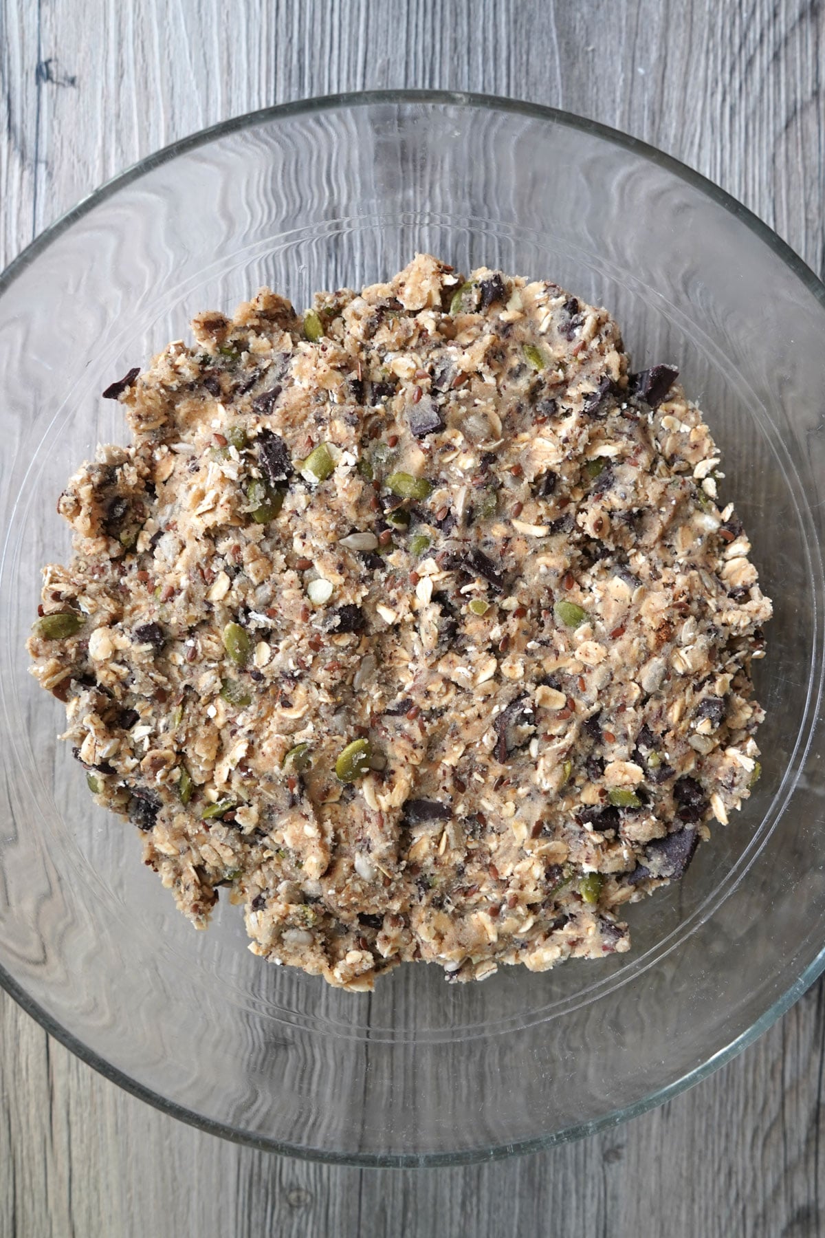 Finished cookie batter in glass bowl. 
