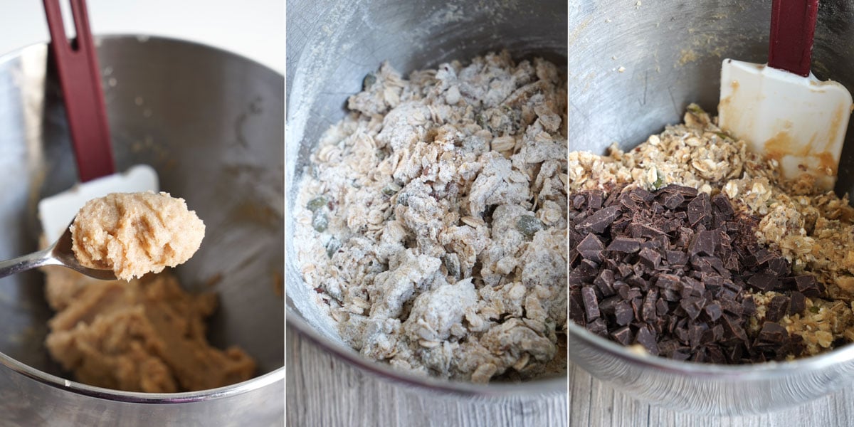 Triple picture showing creaming butter step, dry ingredient addition and chocolate addition to better. 