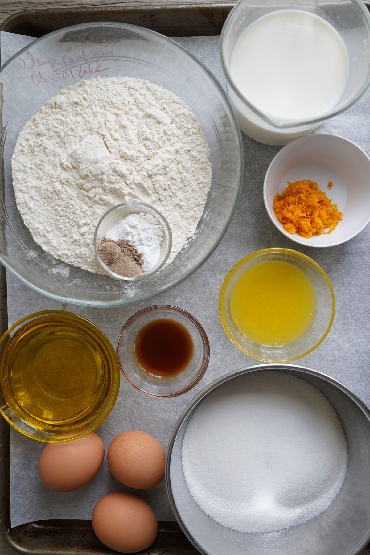 Ingredients gathered for orange olive oil cake. 