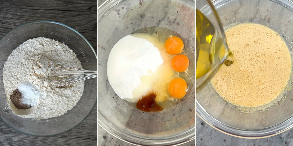 First three steps to prepare batter. Dry ingredient mixing, wet ingredient mixing and drizzling olive oil.