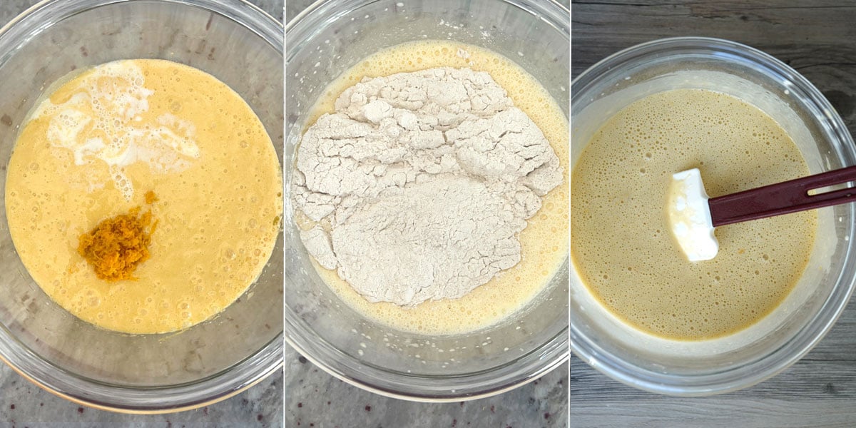 Last two steps and final batter photo: Adding zest and milk, mixing in dry ingredients.