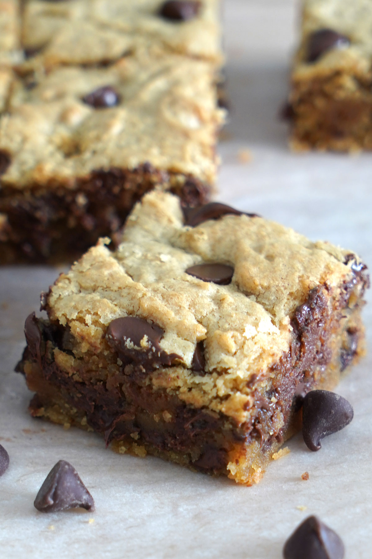 Close up of a single peanut butter chocolate chip bar. 