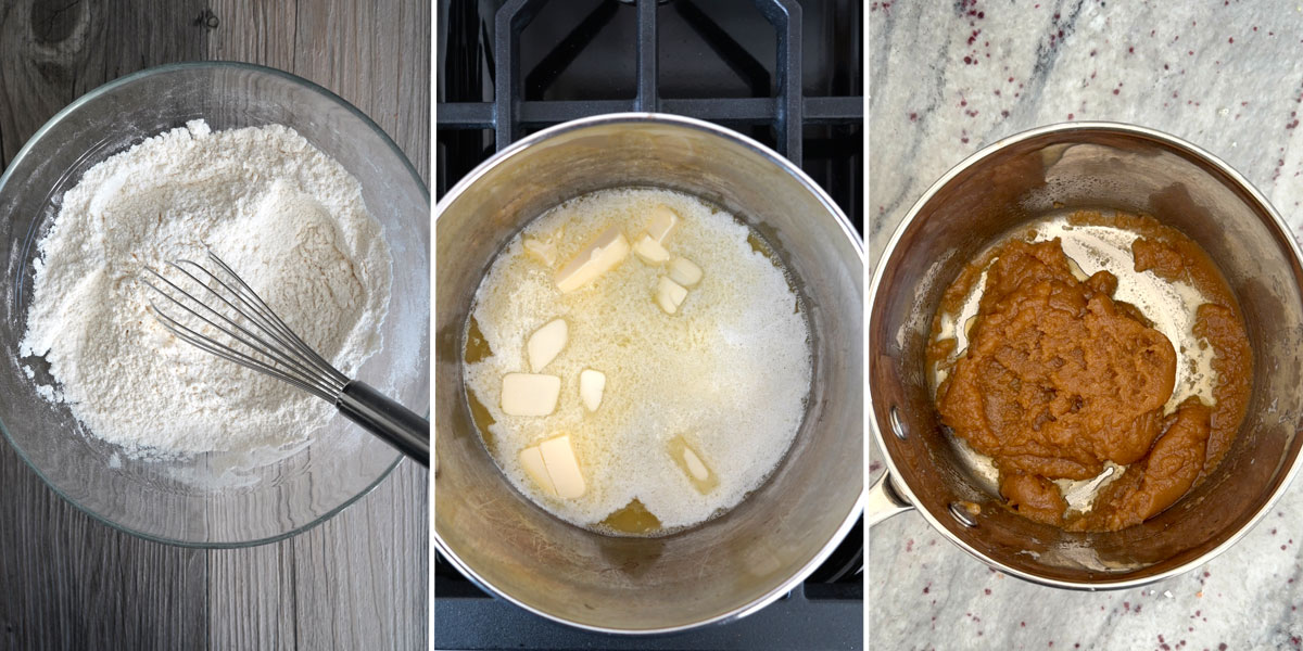 First three steps of making the peanut butter chocolate chip cookie bars: mixing dry ingredients, melting butter, adding sugar to butter.