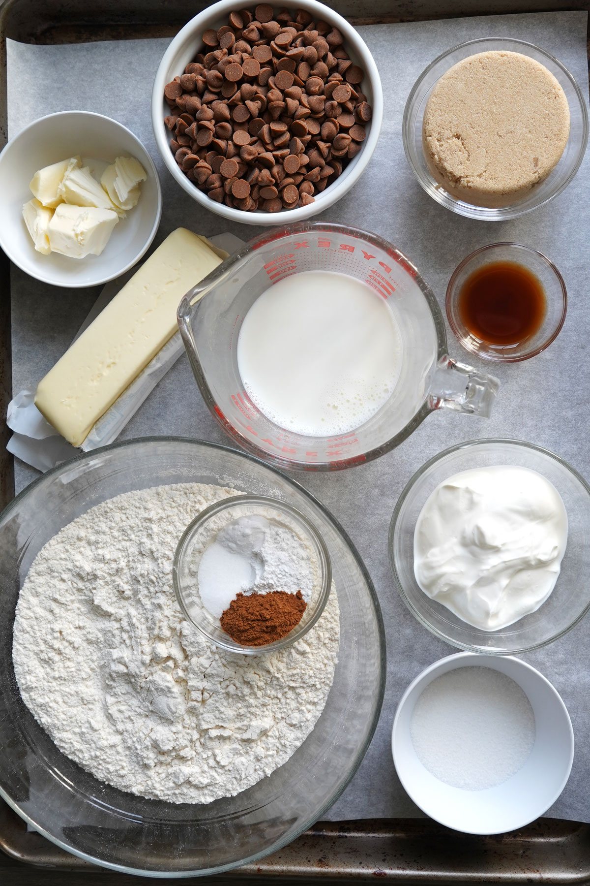 Ingredients for making cinnamon chip scones. 