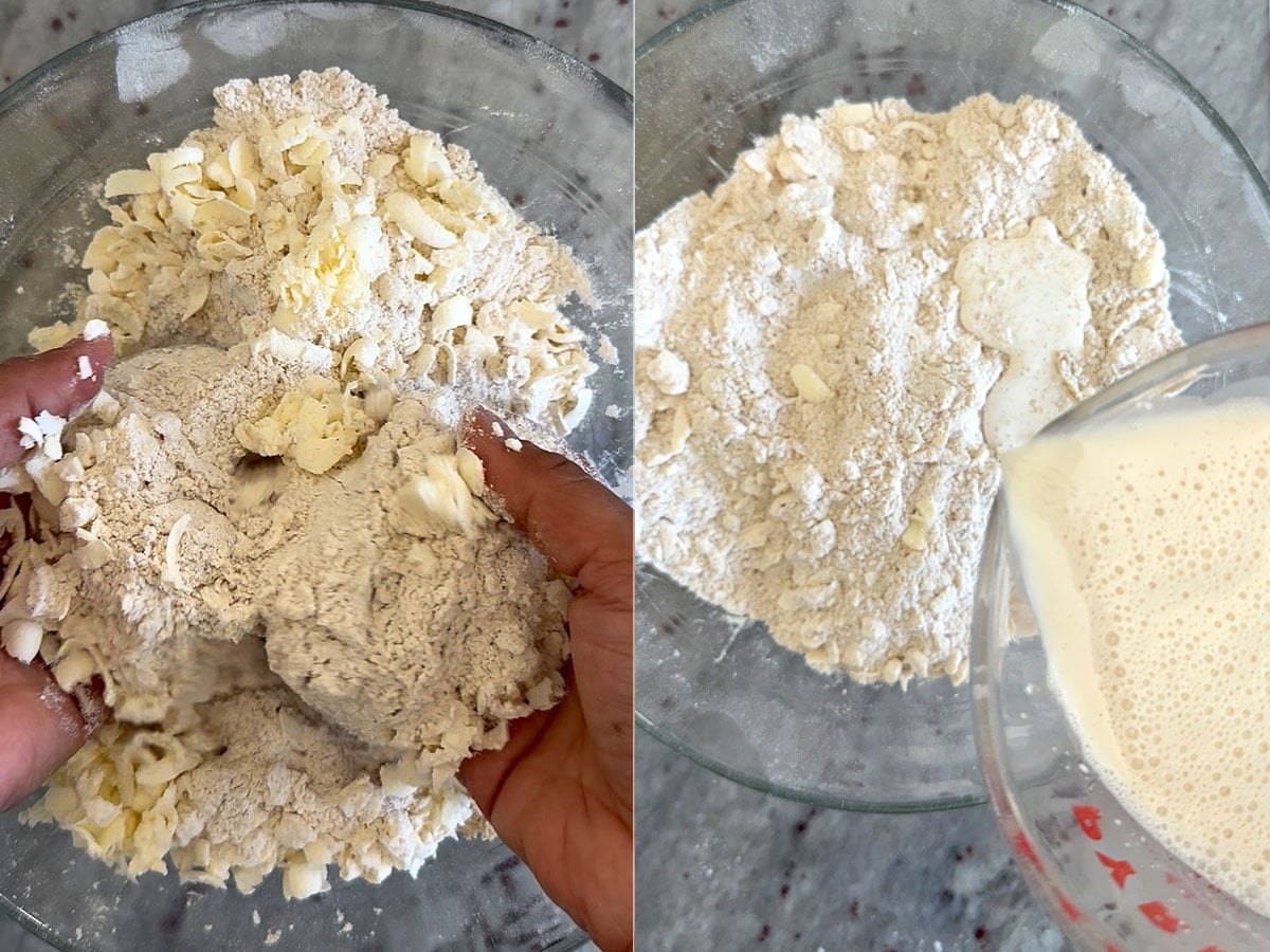 Side by side pictures of hand tossing the frozen butter into the dry mixture and adding liquid ingredients to the dry-butter mix.