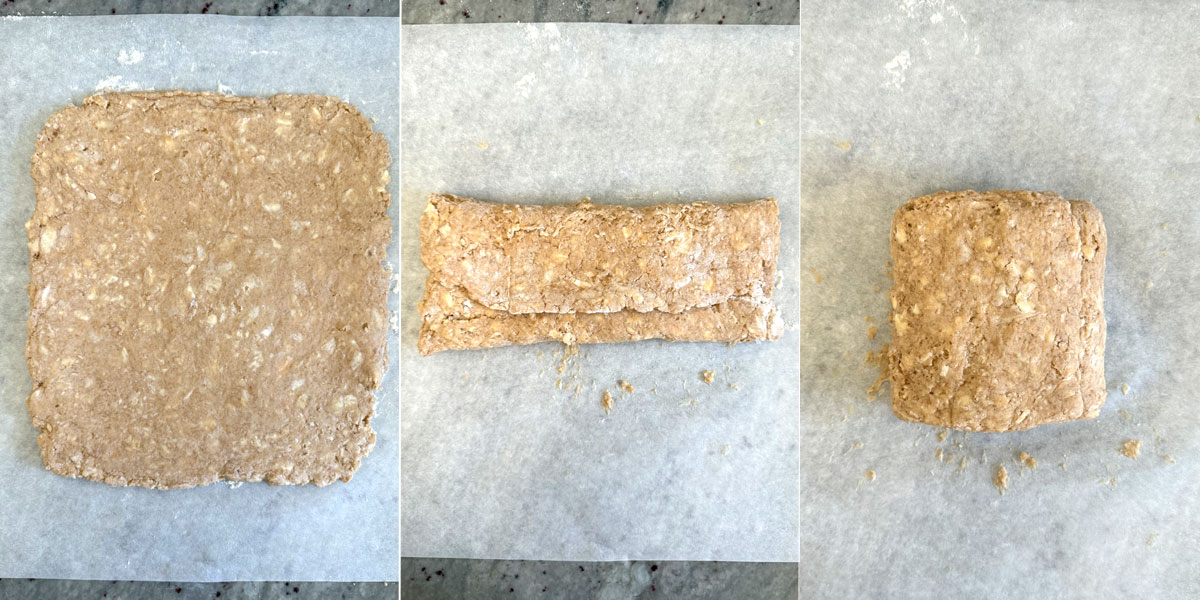 Three photos side by side showing three steps of rolled and folded dough into thirds. 
