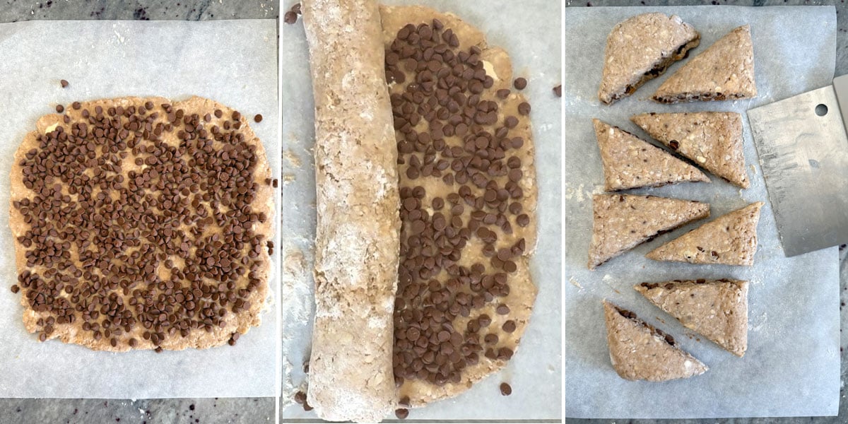 Three photos showing cinnamon chips spread over, rolling the dough, and cut dough into 8 triangles. 