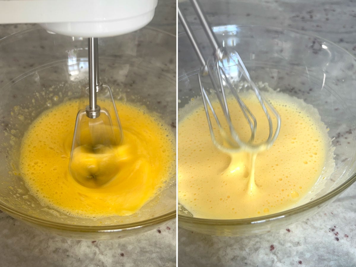 Egg and egg yolk whipped with sugar. Side by side photo showing the color difference from the beginning to end of whipping.