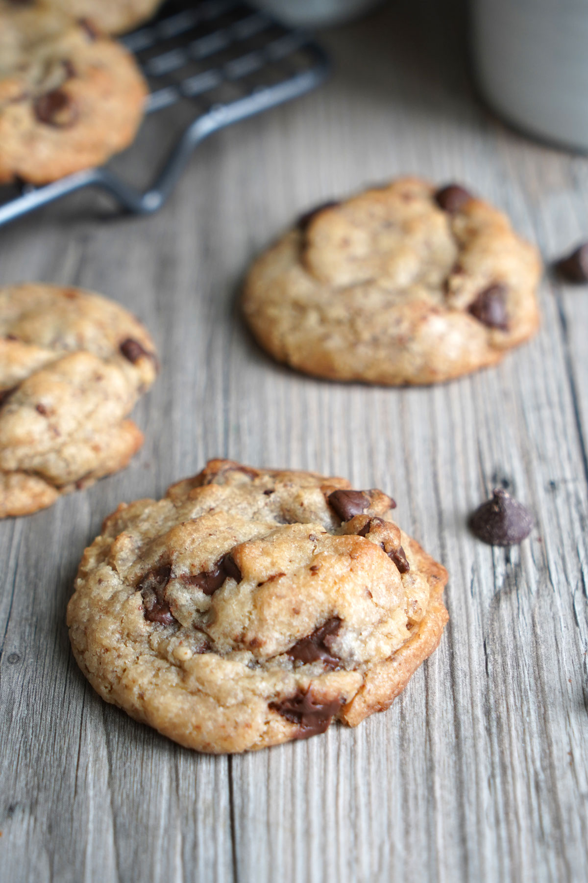Close up of eggless chocolate chip cookie to show texture.