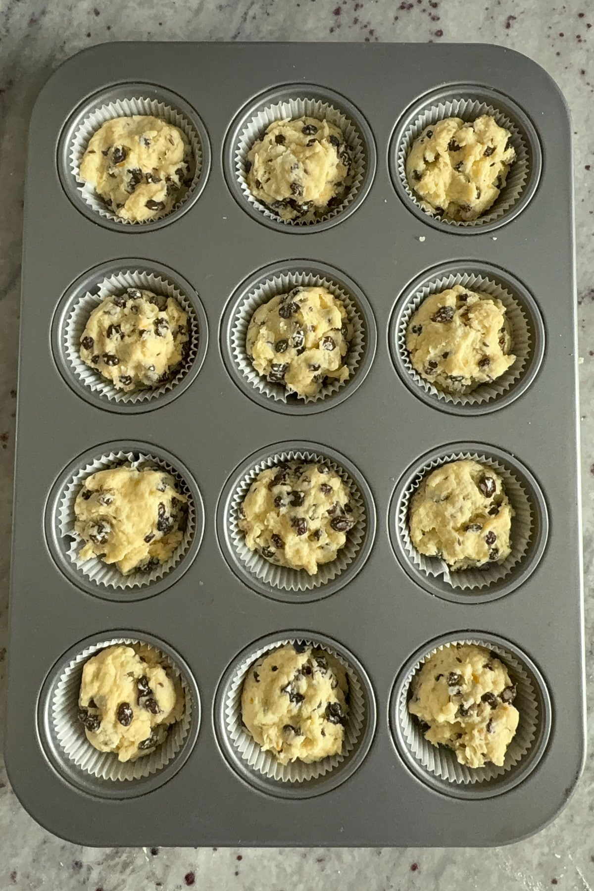 12 cup muffin tin filled with Irish soda bread muffin batter. 