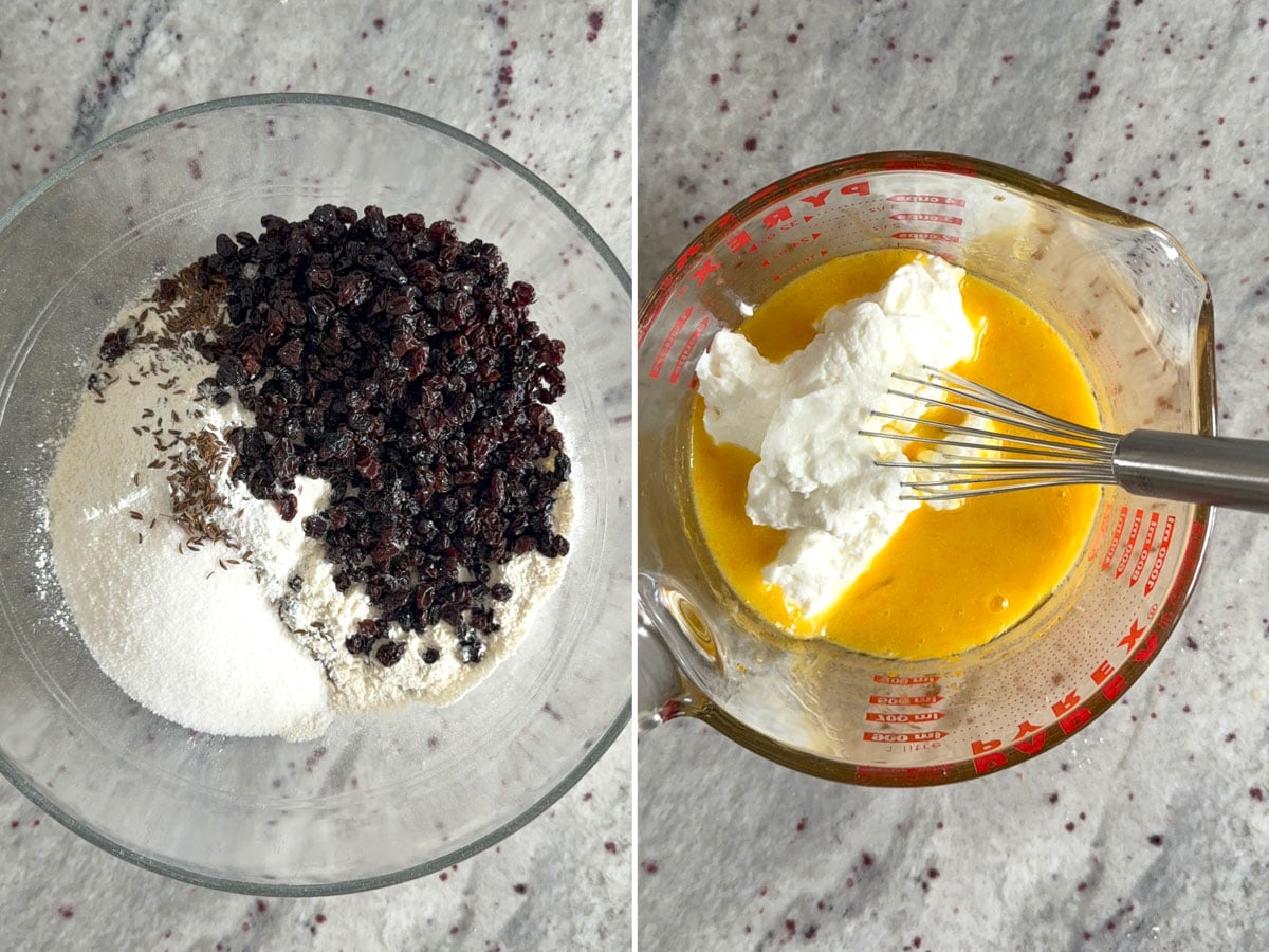 First two steps of makinf soda bread muffins: Mixing dry ingredients and wet ingredients separately. 