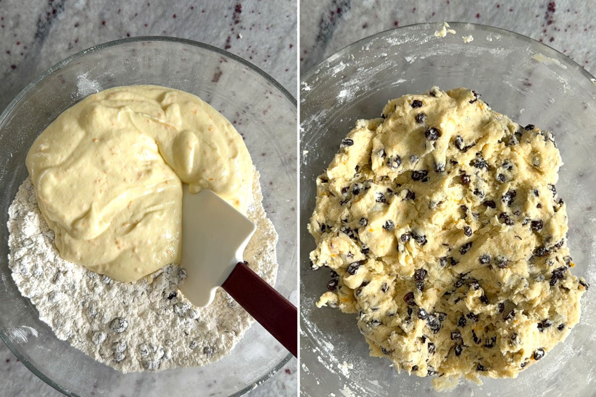 Steps showing mixing of dry and wet ingredients together and finished Irish soda bread muffin dough. 