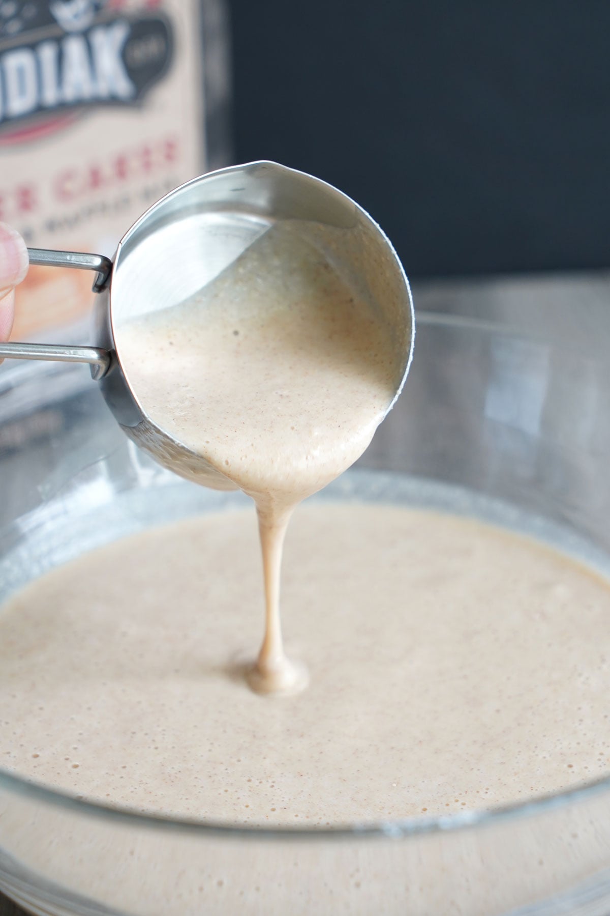 Finished waffle batter in a bowl. 