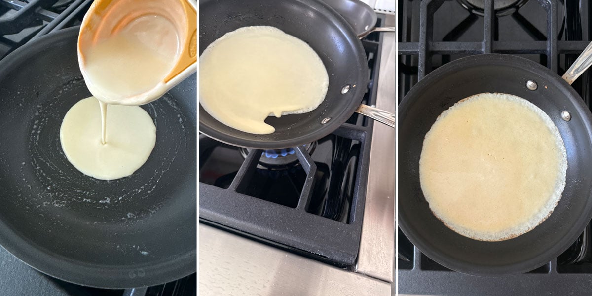 Triple collage photo of steps to cook crepes on the stove. Pour, swirl, cook.