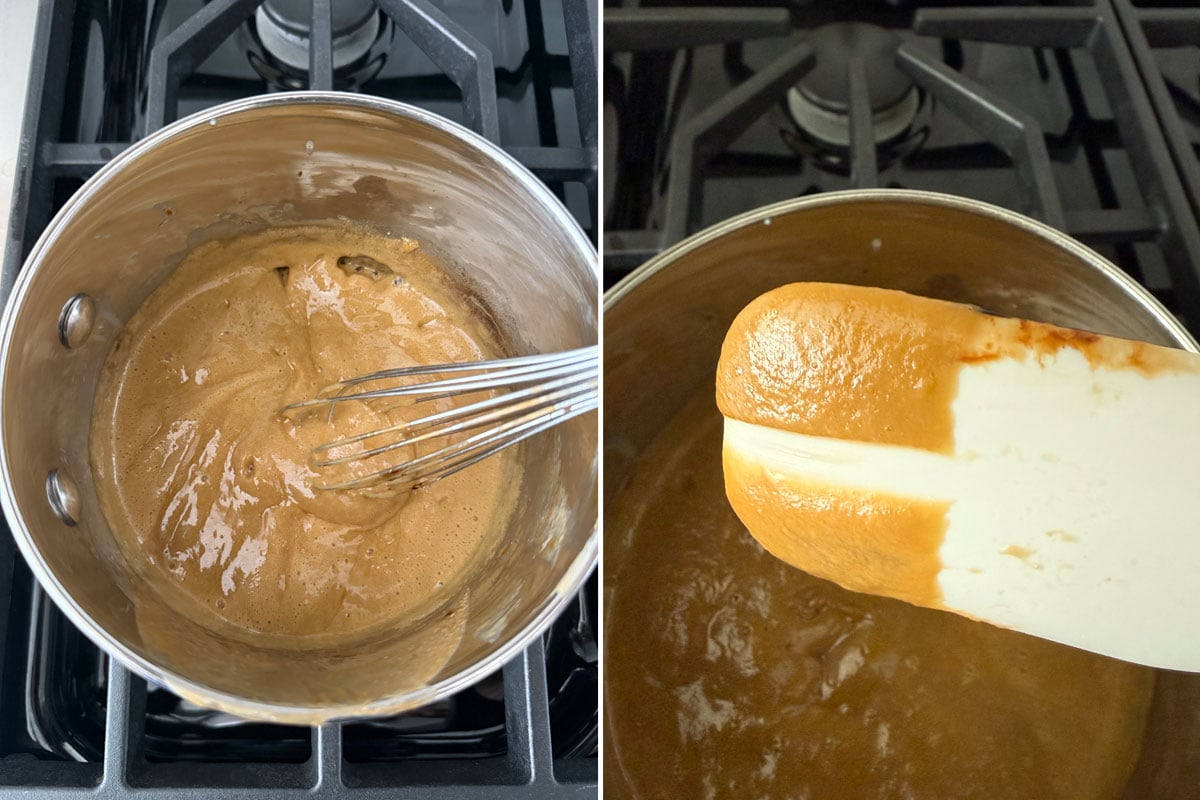 Double picture of pastry cream making steps on stove.