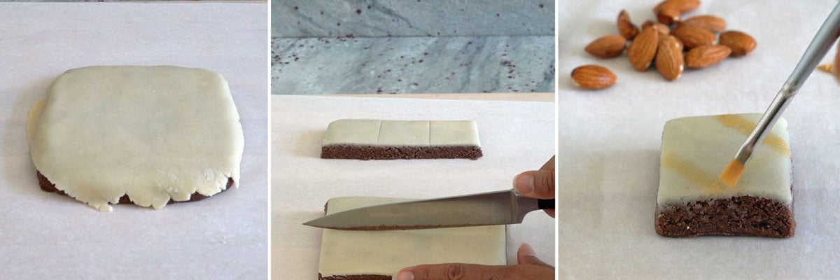 Triple photo collage showing marzipan and luster dust decorating on chocolate barfi.