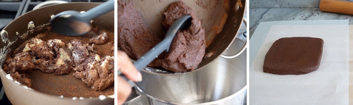 Triple photo collage showing the mixing of cocoa and rolled out barfi.