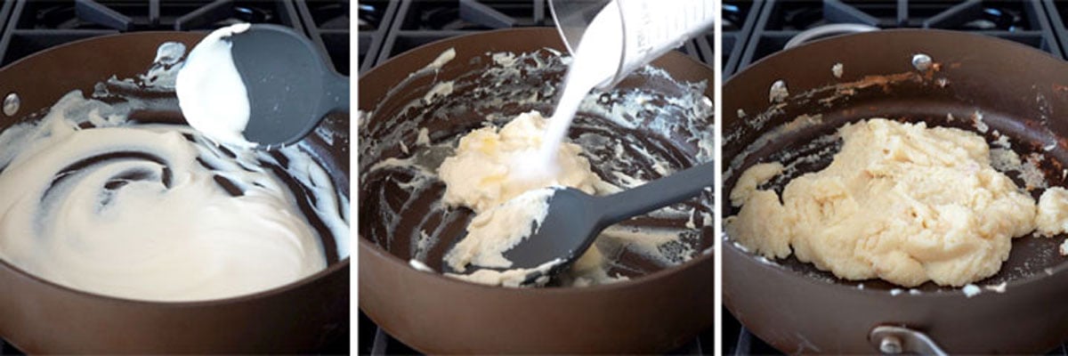 Triple photo collage showing how the ricotta is cooked down with sugar.