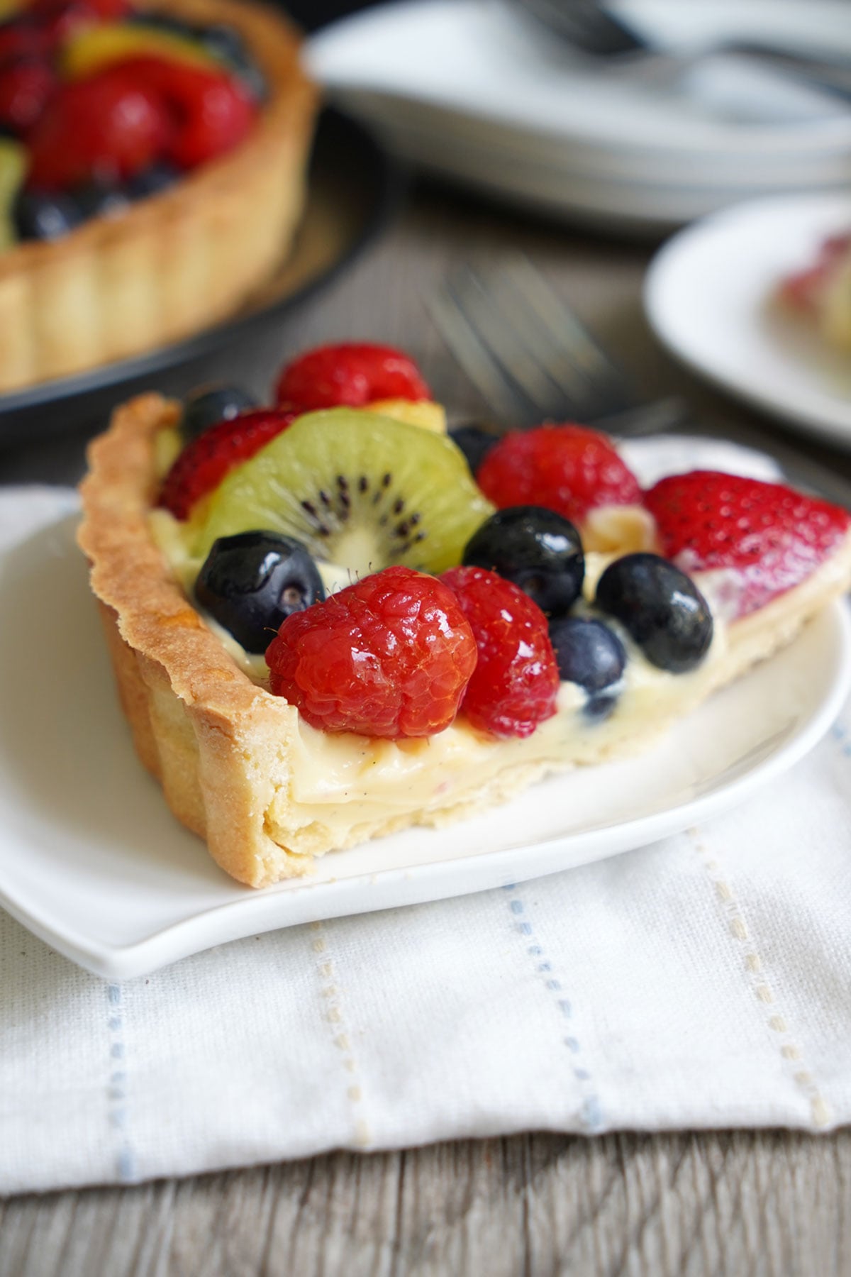 Slice of classic fresh fruit tart showing the pastry cream layer and crust.
